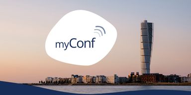 myconf logo and Malmö skyline