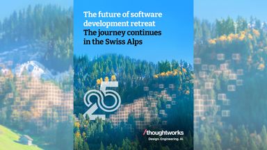 The Swiss alps and the number 25. Text in image: The future of software development retreat. The journey continues in the Swiss Alps.