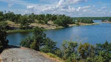 A sunny scenery with a blue lake